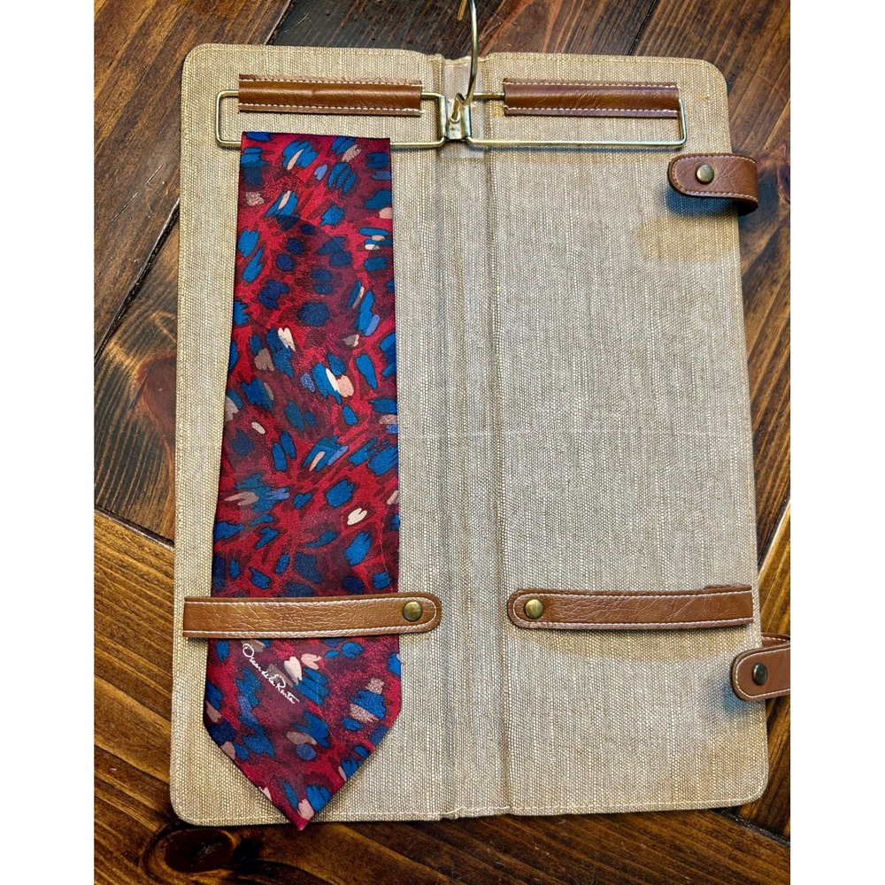 Vintage Brown Faux Leather Folding Necktie Travel Case Hanging Hook Organizer